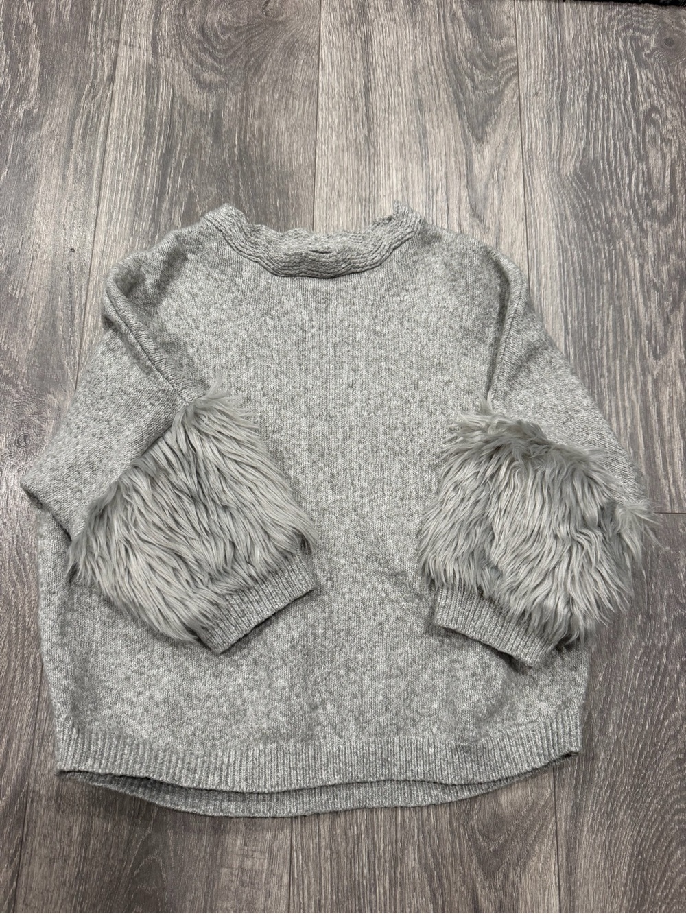Womens Gray Faux Fur Sleeve Sweater